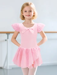 Girls Glitter Leotards for Ballet Dance Dress with Tutu Skirt Ruffle Sleeve Ballet Leotard Performance Clothing