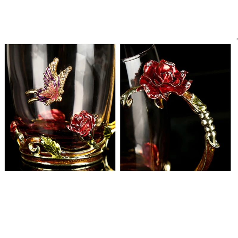 Vintage Rose Enamels Glass Cup Classical Crystal Flower Tea Set Coffee Cup Wine  Cup Gift