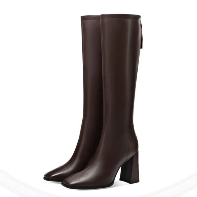 AJGS Elegante kniehohe Stiefel für Damen 2024, Herbst und Winter, hohe Stiefel mit Reißverschluss hinten, quadratische Absätze, schwarze Stiefel für Damen