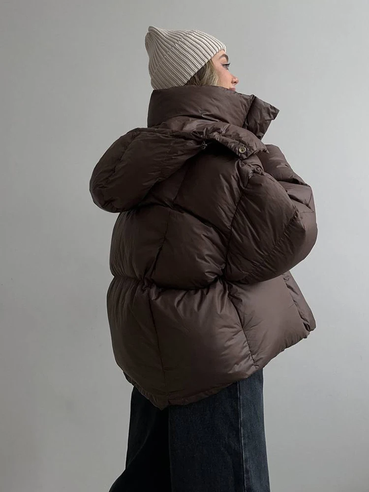 الشتاء قصيرة سميكة مقنعين نفخة أسفل سترة الإناث الدافئة فضفاض البني السترات النساء الأبيض بطة أسفل سستة باركر القطن أبلى