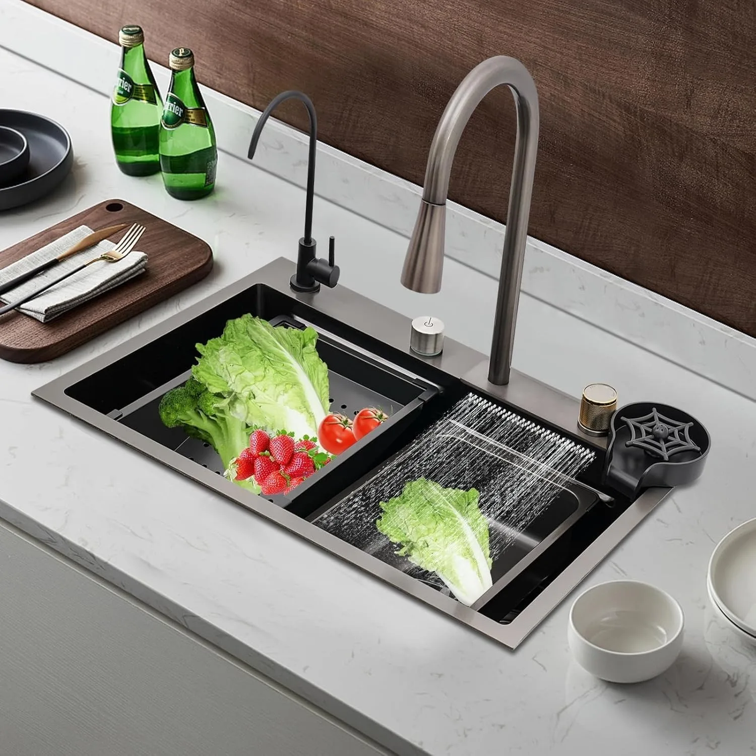 Évier de cuisine à cascade en acier inoxydable 304, ensemble d\'évier domestique, évier intégré avec perfections, barre unique