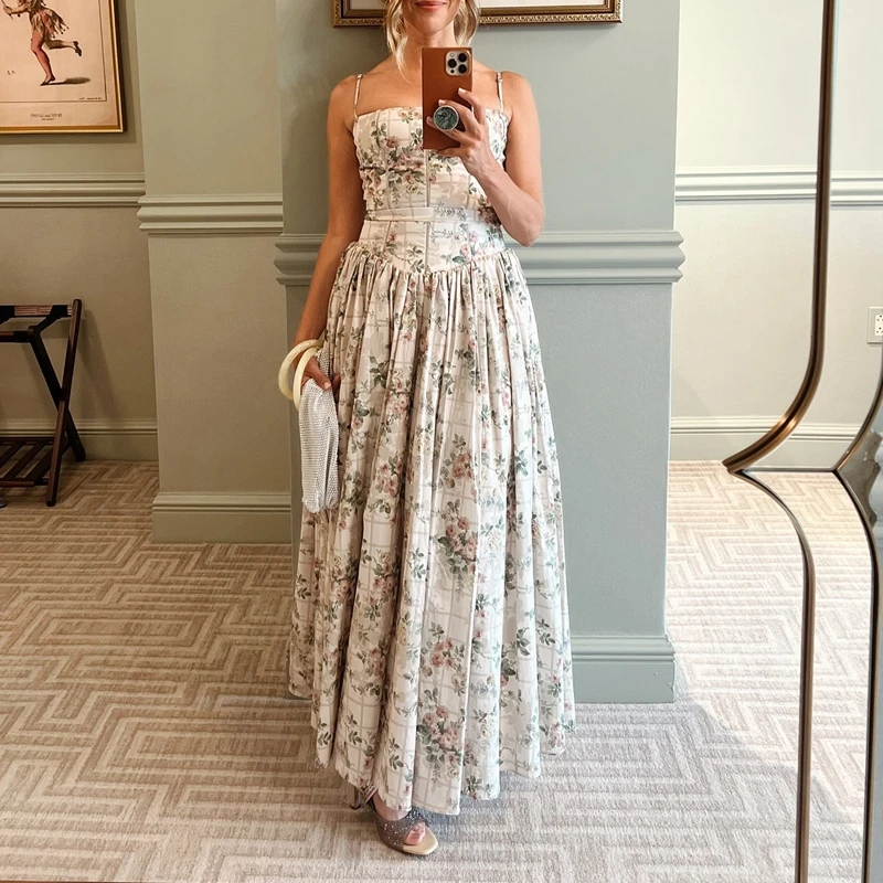 Combhasaki Donna Estate Senza Maniche Stampa Floreale/Colore Solido Slim Fit Regolabile Spalline Corsetto A-line Cami Abito Lungo