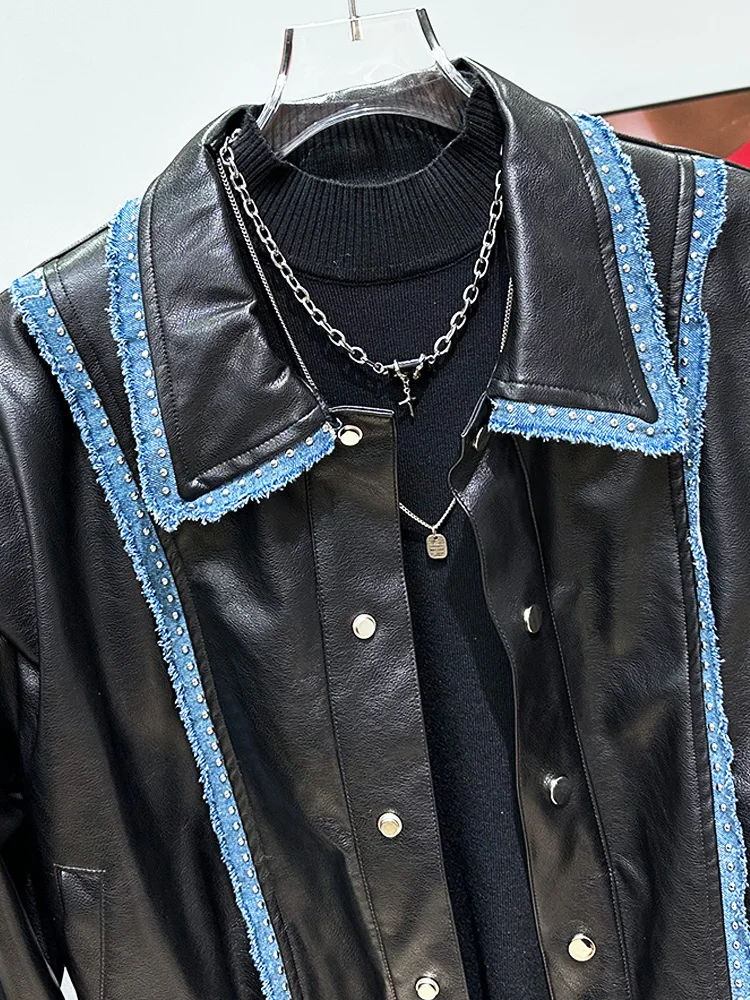 Men's Retro Metal Rivet Decorative Faux Leather Locomotive Jackets 2024 Men's New Popular Denim Splicing Design Leather Jackets