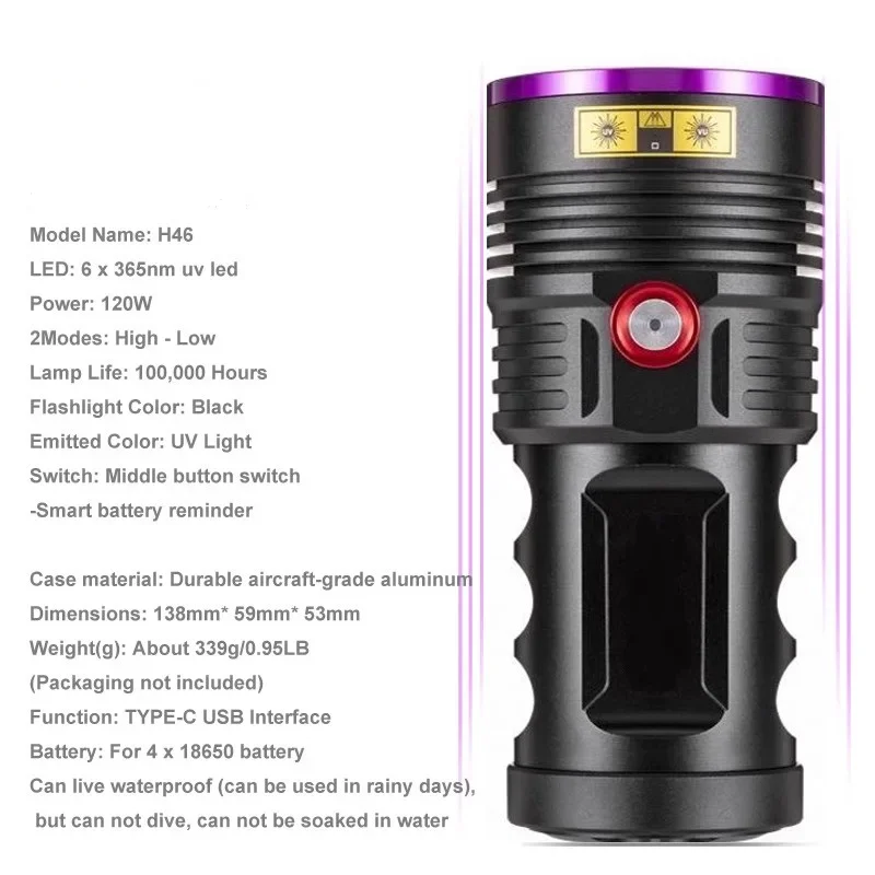 120W UV Flashlight Rechargeable Waterproof 18650 Purple Light Blacklights UltraViolet Light Torch For Pet Urine Stains Detector