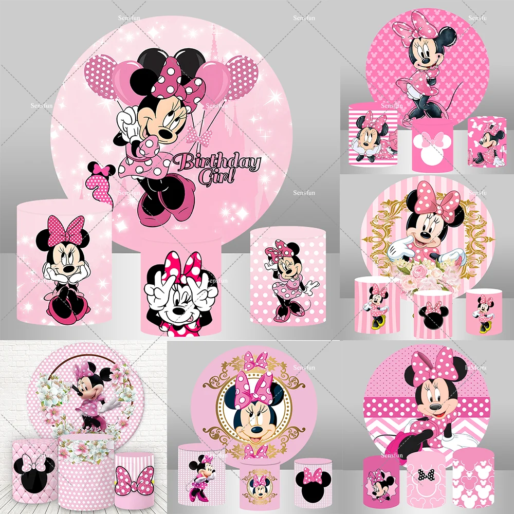 Minnie Mouse Fundo Redondo para Chuveiro de Bebê, Pink Circle Photo Backdrop, Girl's Birthday Party Decoration, Table Plinth Cylinder Cover