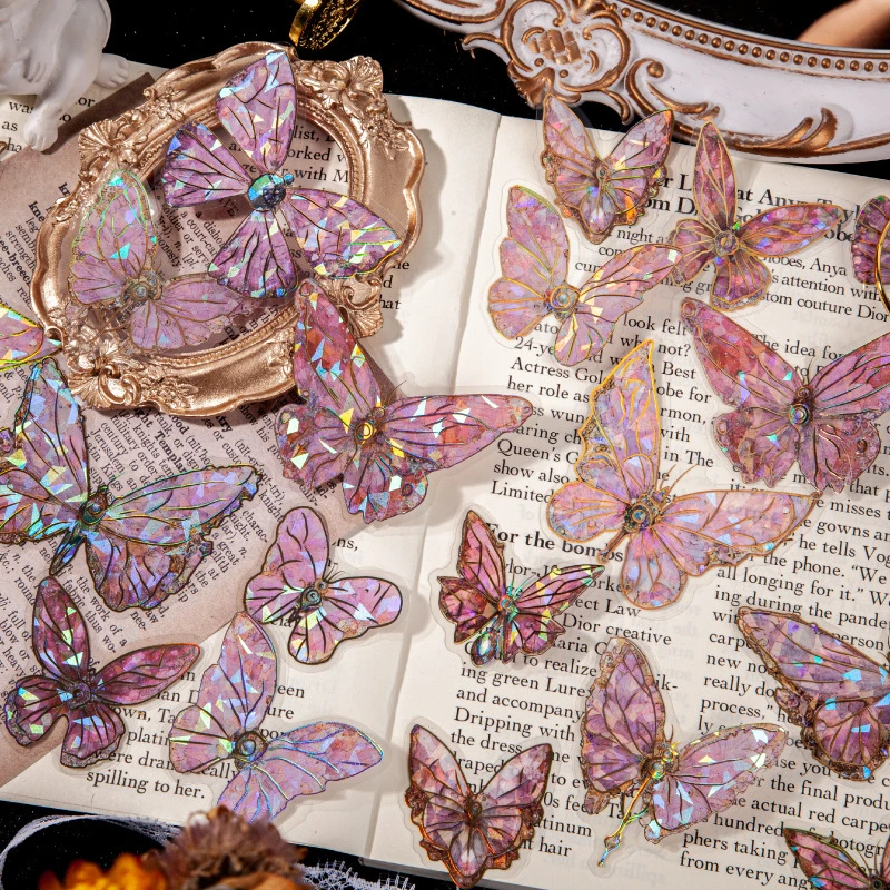 1pack/20pcs Retro Glitter Butterfly Sticker Pack, Sparkly DIY Handmade Album Scrapbooking Decorative Paper Supplies