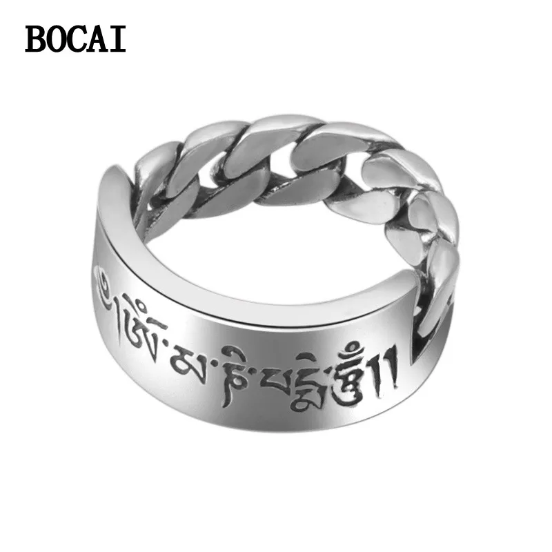 BOCAI 2023  NEW  S925 Sterling Silver Personality Retro Om Mani Padme Hum Fashion  Knitting Ring Men's Style