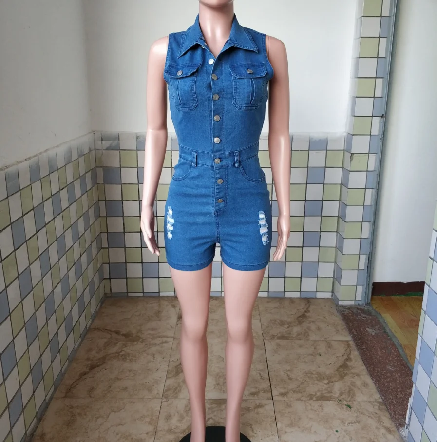 

Женский комбинезон 2026, новинка весны, однотонный тонкий джинсовый комбинезон без рукавов с карманами на пуговицах и высокой талией, с отложным воротником