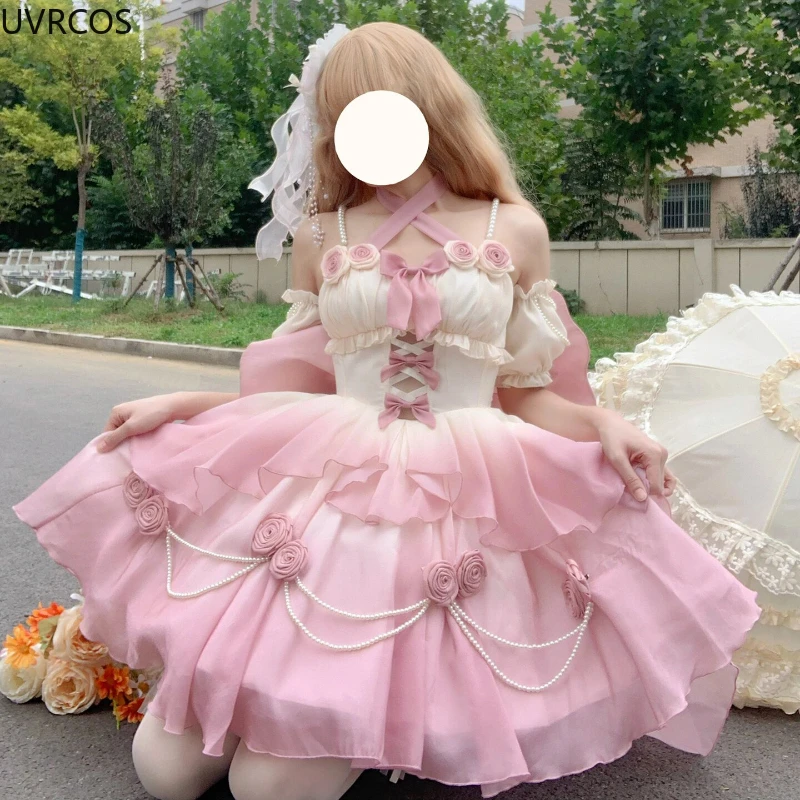 Blue Kawaii Gradient Fairy Dress Women Sweet Bow Pearl Chain Ruffle Rose Flower Princess Dresses Female Wedding Party Porm Dress