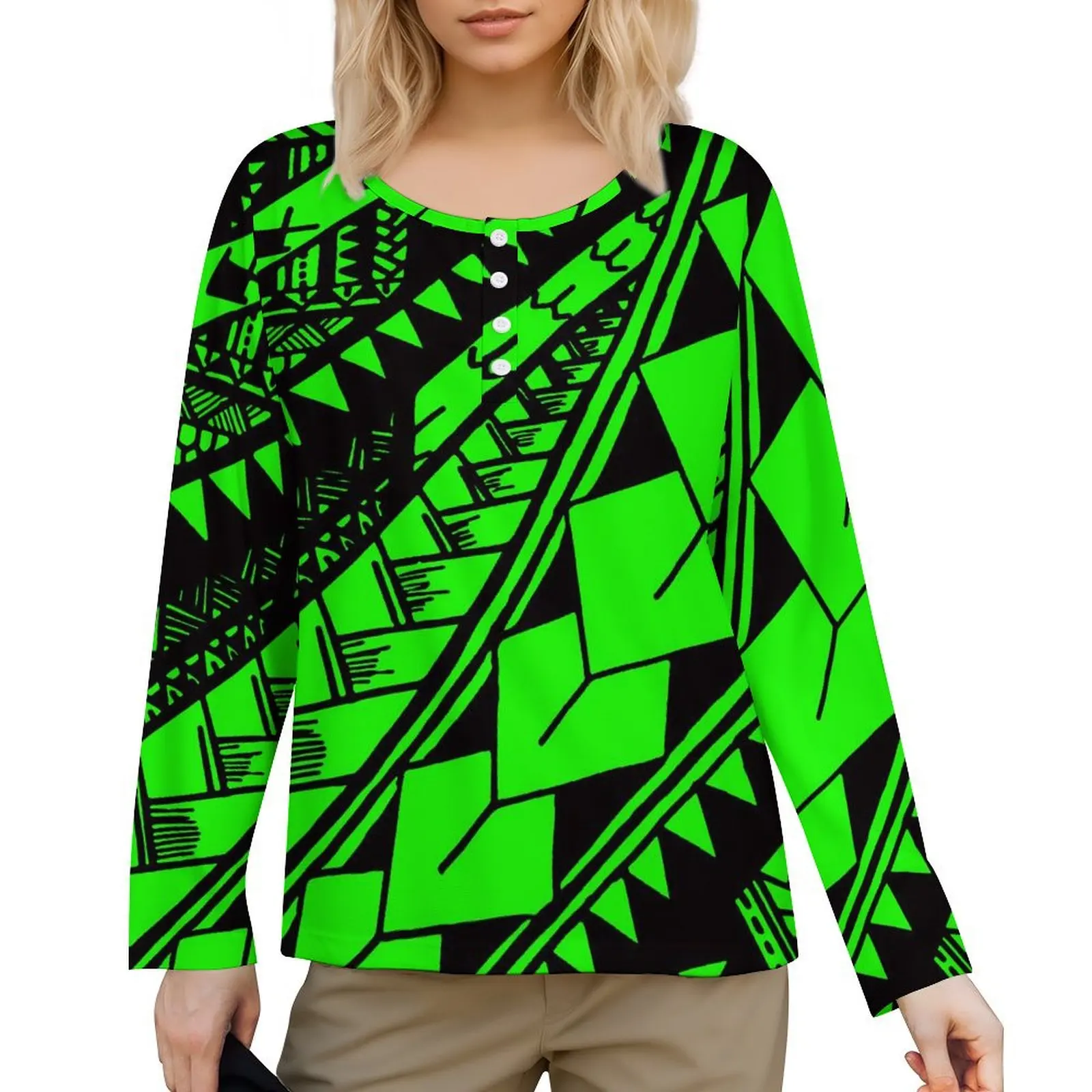 Casual Long Sleeve Crew-Neck Breasted Design Neckline Polynesian Vintage Print Custom Polynesian Tribal Style Print