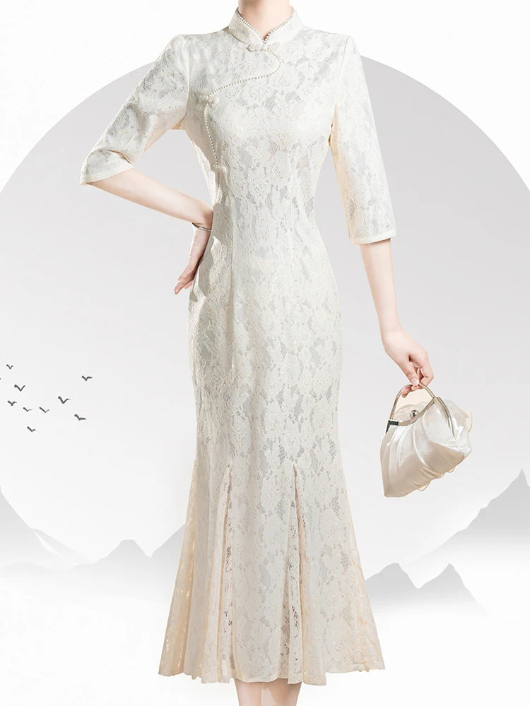 

Женское миди-платье в стиле ретро с кружевом, длинным рукавом, асимметричным воротником, без разреза, для повседневной носки, в стиле ципао, для помолвки