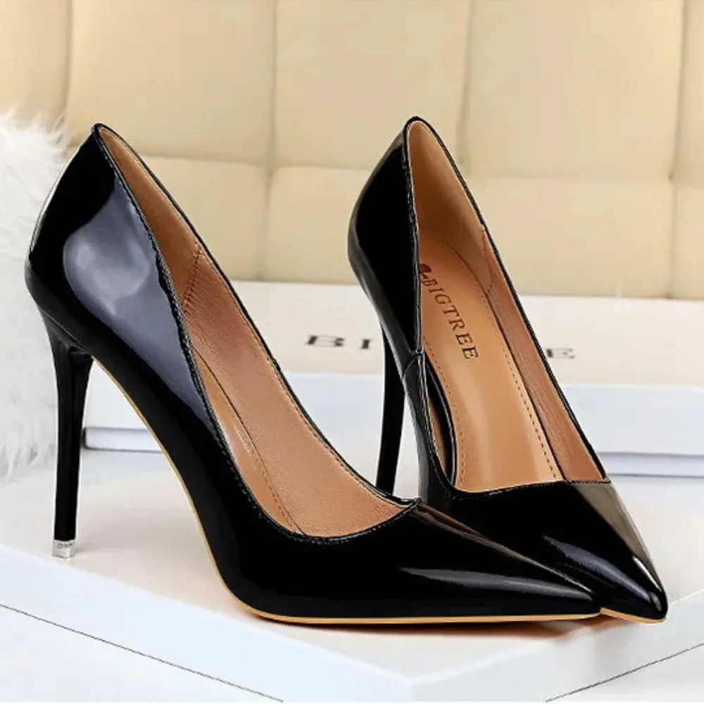 Women Pumps Style Fashion Simple Thin Super Heel Shiny Lacquer Leather Shallow Mouth Pointed Head Sexy Slim Women's Single Shoes