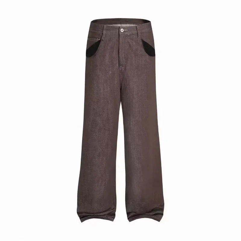 26SS Brown Original Cow Pocket Suede Splicing Paris Buckle A-shaped Version Straight Denim Trousers Men and Women The Same Style