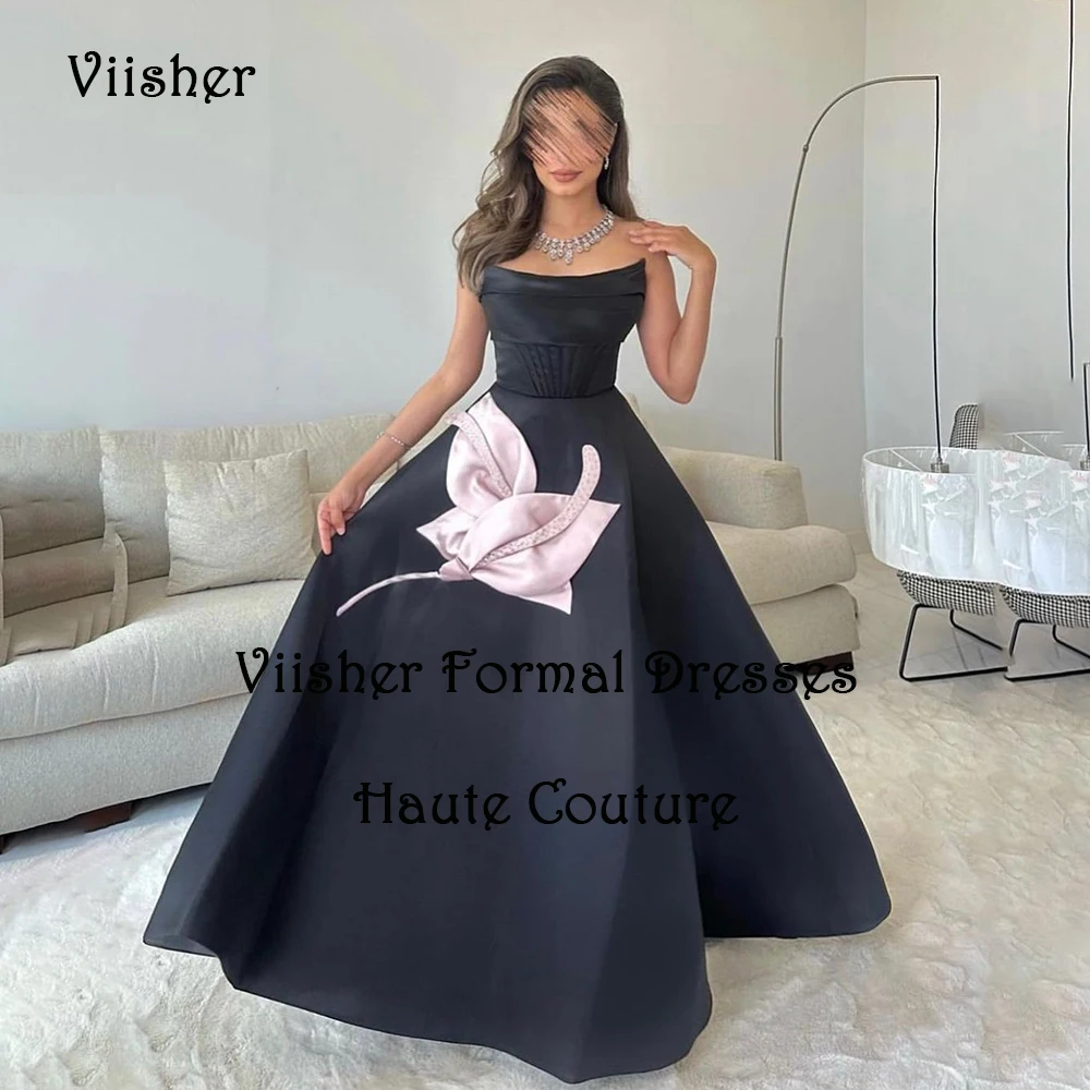 

Black Evening Dresses for Women Strapless A Line Prom Dress Floor Length Arabian Dubai Formal Party Gown Lace Up Back