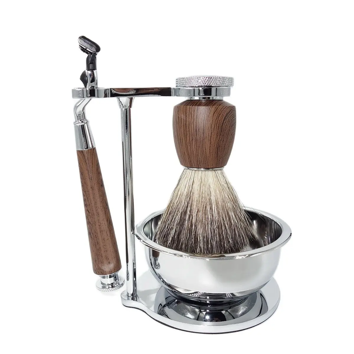 

Magyfosia New Shaving Kit For Men Mach 3 Safety Razor Honey Badger Hair Brush Stainless Steel Stand Holder and Lather Mug Bowl