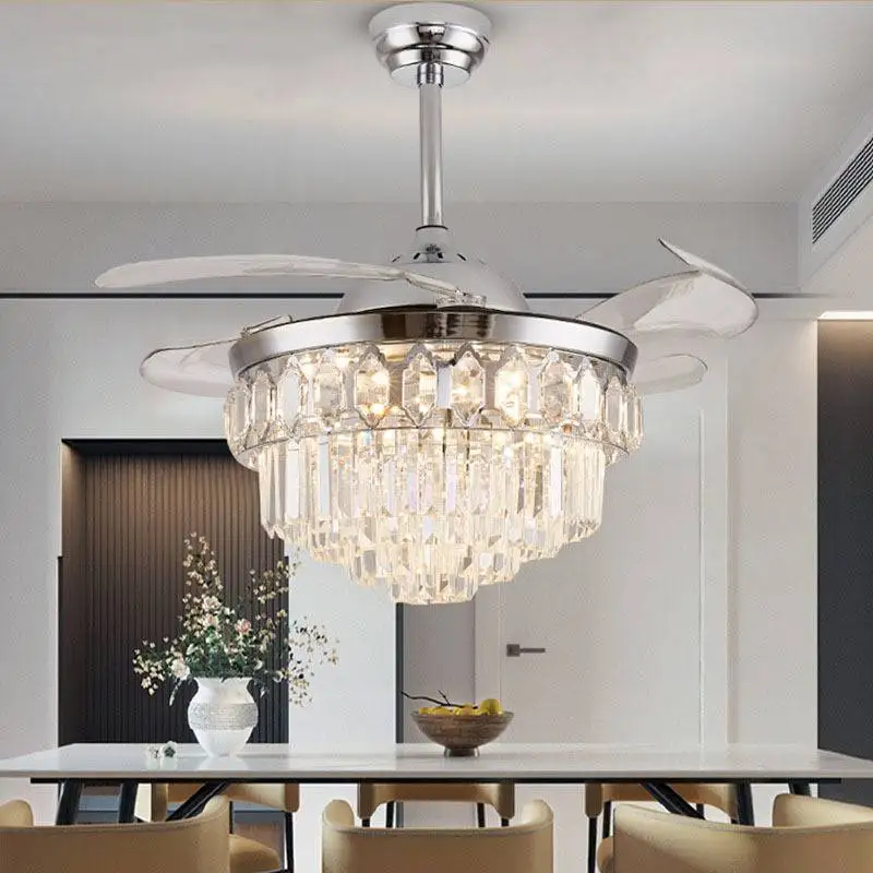 

42 inch 48 inch luxury crystal ceiling fan with LED light modern invisible fan light living room lobby dining room