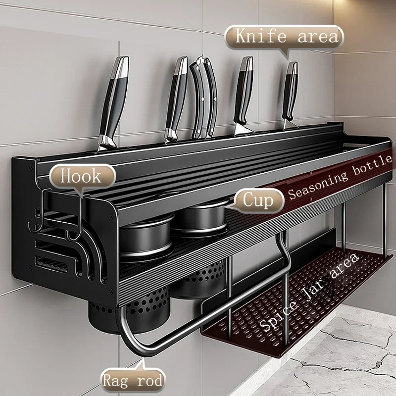 60/70/80cm Kitchen Shelf Wall Mount Spice Rack Seasoning Storage Rack Knife holder Chopstick Organizer Kitchen Accessory