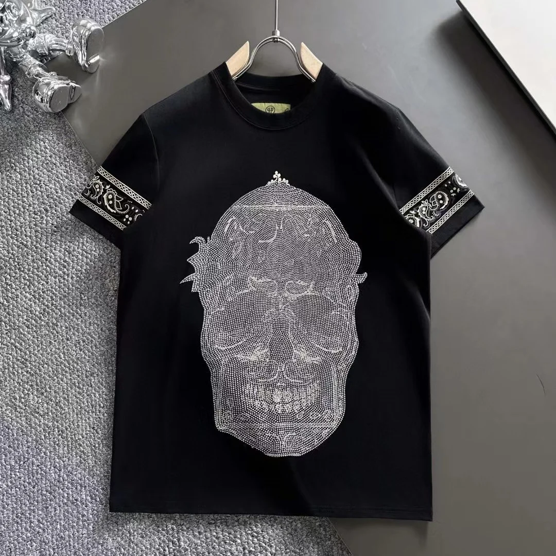 Alex Plein Skulls Rhinestones Crystal Streetwear Men\'s Fashion Clothing Crew Neck 2024 Summer Short Sleeve Couple Cotton Tshirt