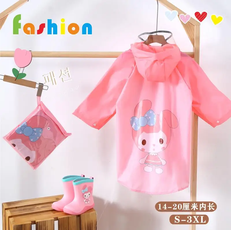 Kids Raincoat Kawaii My Melody Kuromi Cinnamoroll Student Hooded Raincoat Poncho Boy Girl Raingear Cover Long Rain Coat Outdoor