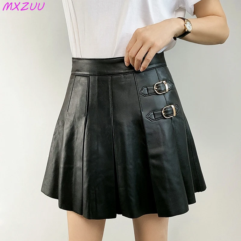 

Real Leather Pleated Skirt Women Simple and Versatile With Metal Decoration Slim Short Jupe Sexy Femme Sheepskin Korean Clothing