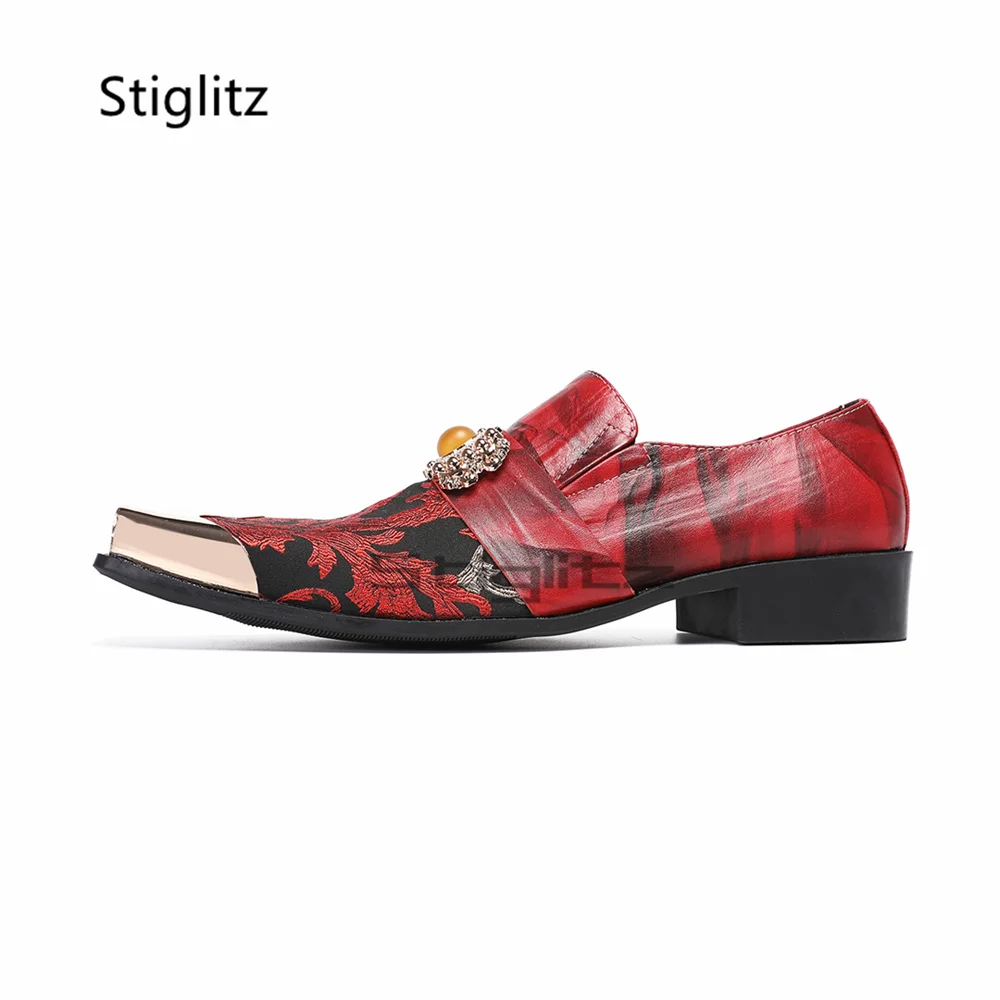 Square Toe Red Embroidery Dress Shoes for Men Pearl Strap Metal Toe Casual Business Shoes Luxury Wedding Shoes Bridegroom