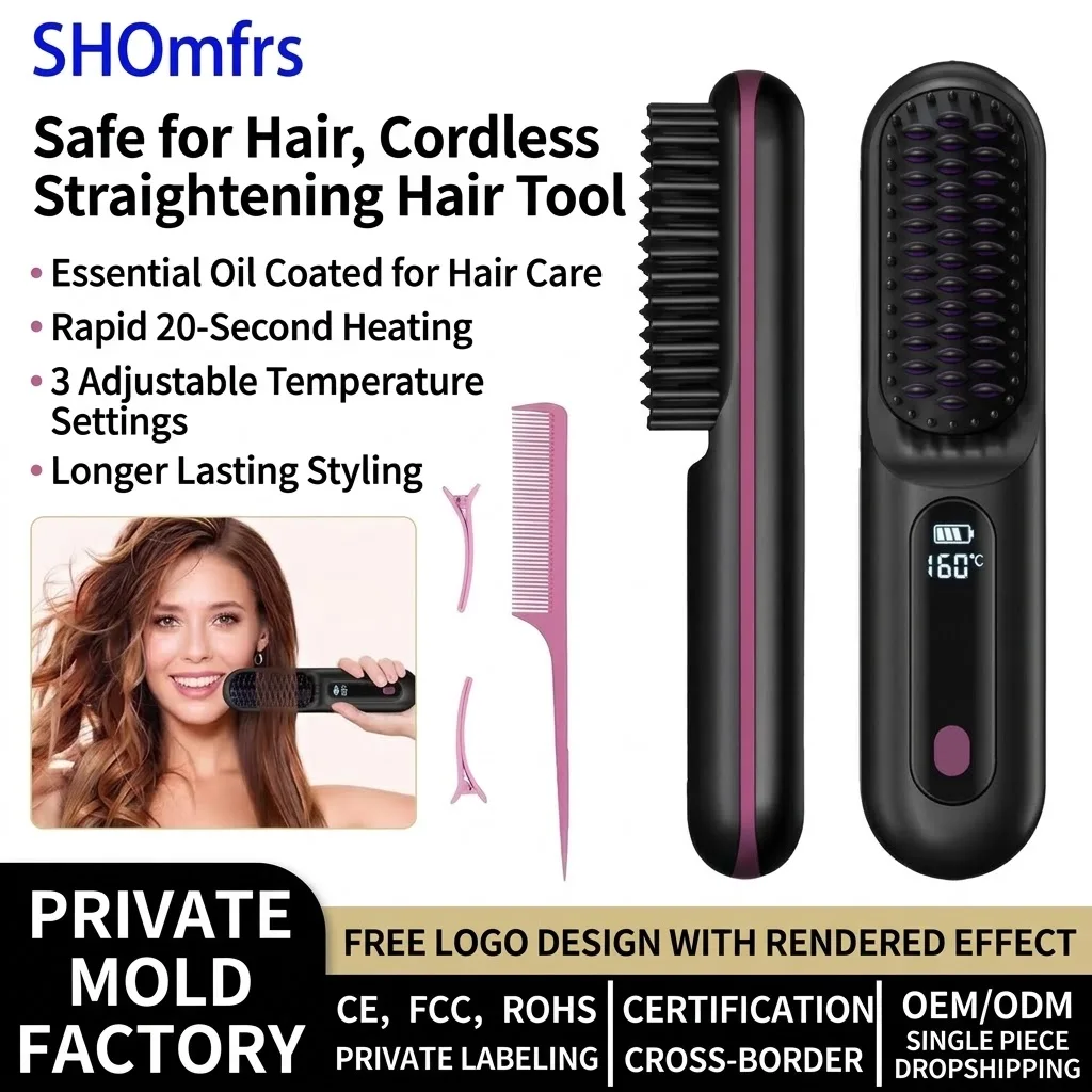 Cordless Hair Straightener Brush Electric Heated Comb USB Rechargeable 4 Temperature Levels Digital Display for Women Travel