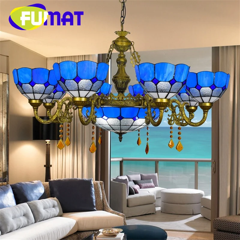 

FUMAT Tiffany style stained glass Pastoral Mediterranean Blue Diamond Crystal Chandelier Living Room Restaurant Hotel LED decor