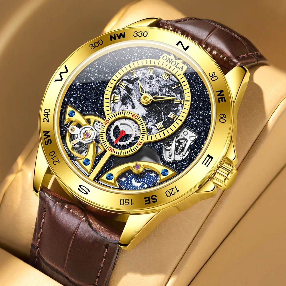 جديد فاخر مزدوج توربيون ساعة ميكانيكية رجال الأعمال جلدية السماء المرصعة بالنجوم الهاتفي مقاوم للماء الرجال ساعة أوتوماتيكية الرجال على مدار الساعة #6
