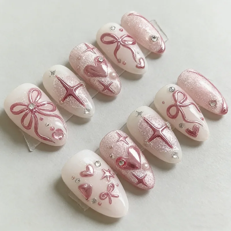 

30Pcs False Nails 3D Ice-Transparent Flowers Sweet French-Style Pearl Bows and Press-On Nails—Perfect As A Gift for Girls