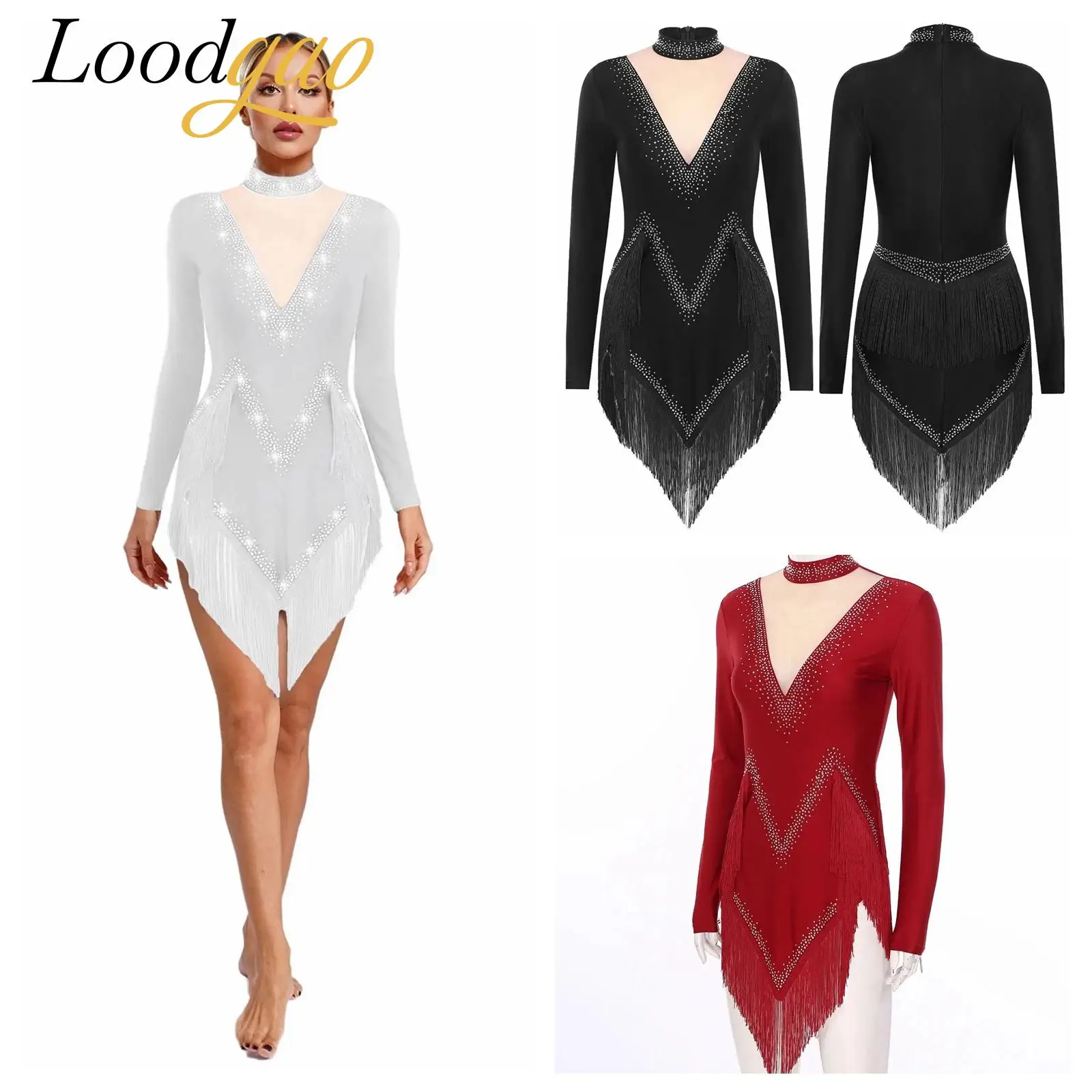 

Women Tango Leotard Dresses Tassel Dancewear Fringe Cha Cha Ballroom Costume Long Sleeve Samba Latin Dance Fringed Bodysuit