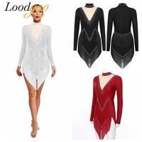 Women Tango Leotard Dresses Tassel Dancewear Fringe Cha Cha Ballroom Costume Long Sleeve Samba Latin Dance Fringed Bodysuit
