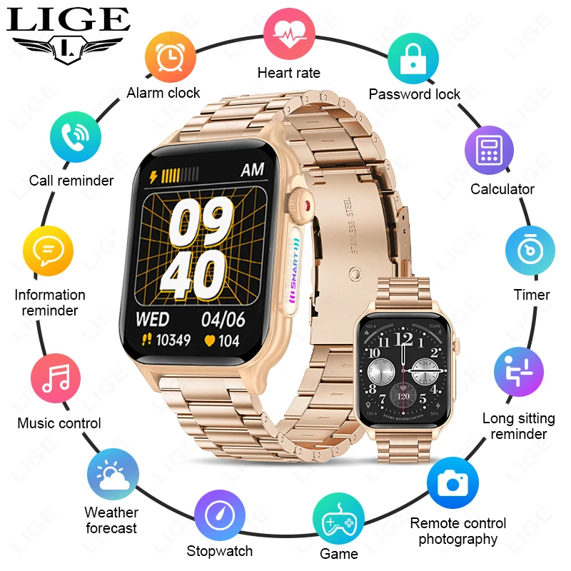 LIGE Women Smart Watch LED Breathing Light Sport Tracker Bracelet Health Monitoring Waterproof Bluetooth Call Smartwatch For Men