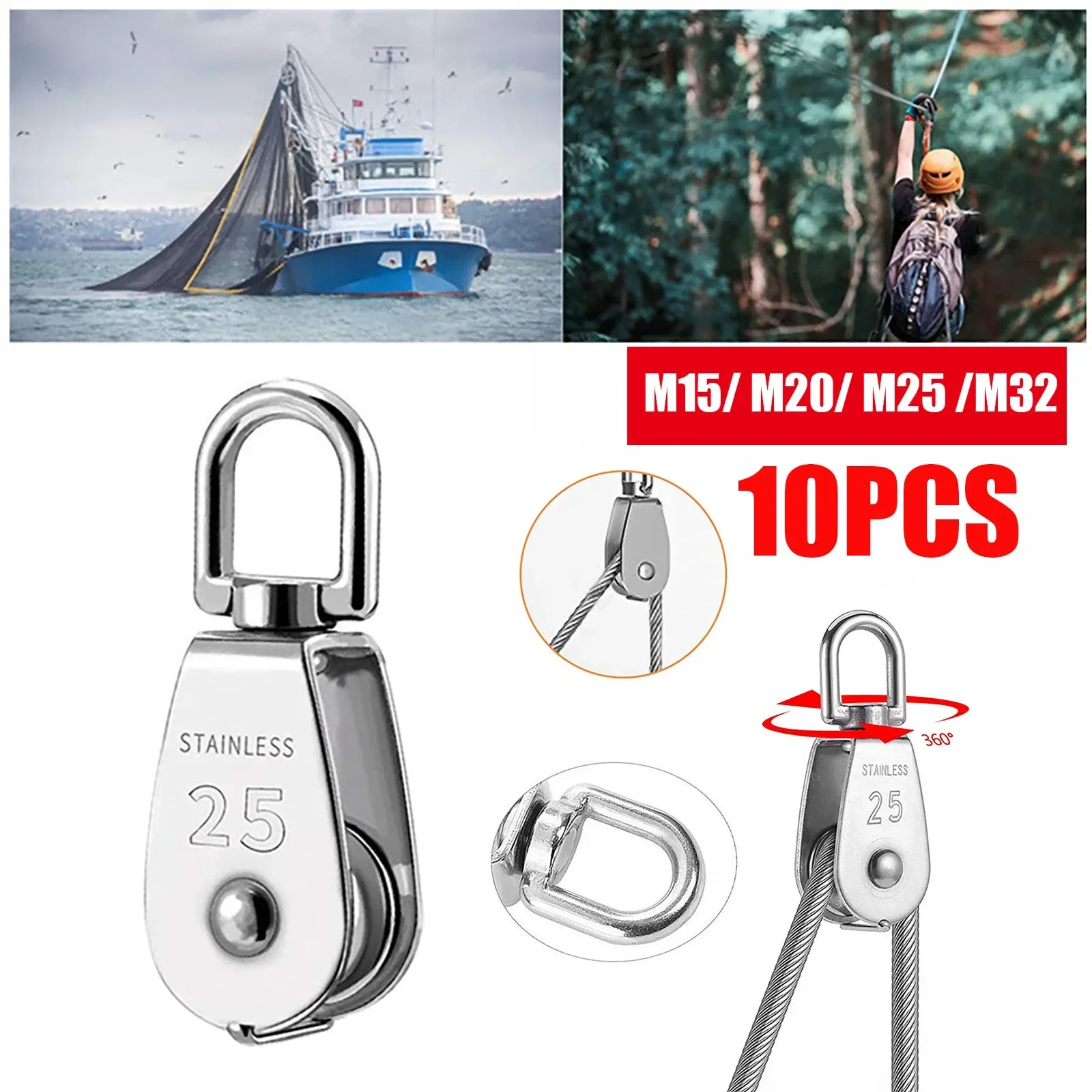 10 Pcs Stainless Steel Wire Rope Crane Pulley Block M25 Lifting Crane Swivel Hook Single Pulley Block Hanging Wire Towing Wheel