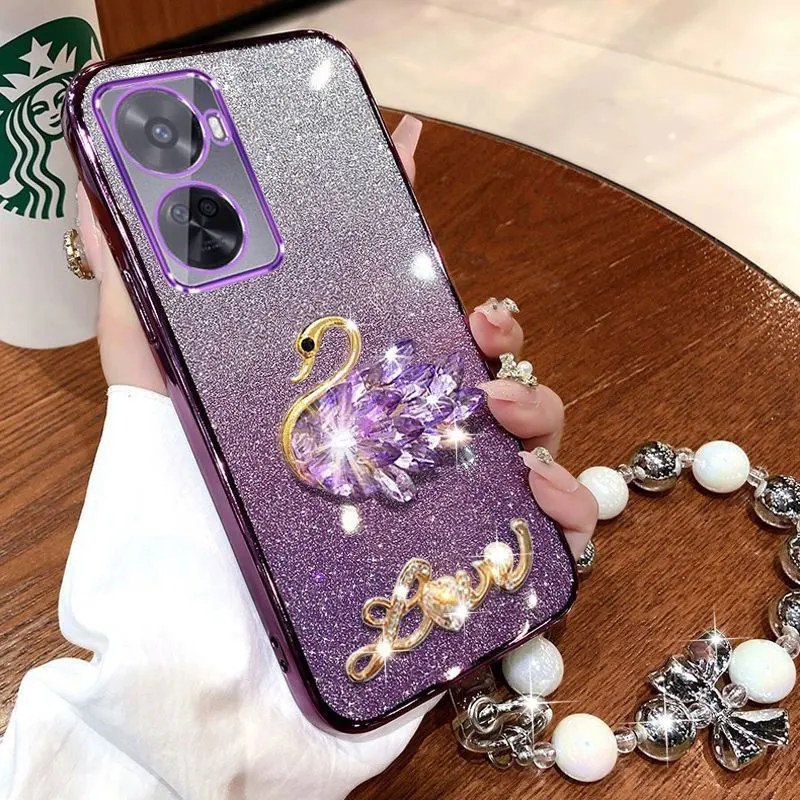 Luxury Diamond Swan 11SE 12SE 10SE Case for Huawei Nova 11 10 12 9 SE pro 8i 11i 5T NovaY91 61 90 Y70 Y72 Bracelet Lanyard Cover