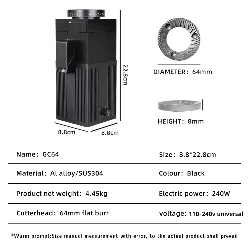 LRlufeibao GC64 Electric Coffee Grinder 64mm Flat Burr Fine Adjustment Espresso Grinder 110-240V Variable Speed Coffee Bean Mill