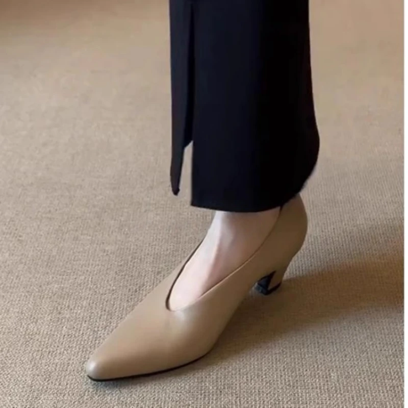 حذاء نسائي جديد بكعب مكتنز بمقدمة مدببة لعام 2025 - حذاء رسمي فرنسي ذو قصة منخفضة للمكتب - مريح ومتعدد الاستخدامات