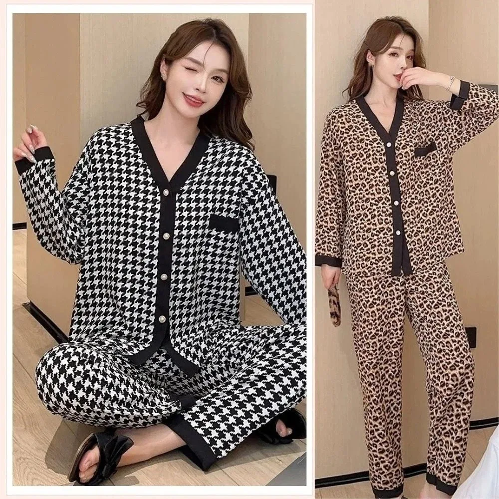 

Soft V-neck Grid Pajamas Women Loose Homewear Two Piece Nightwears Spring Autumn Casual Long Sleeves Pajamas Women