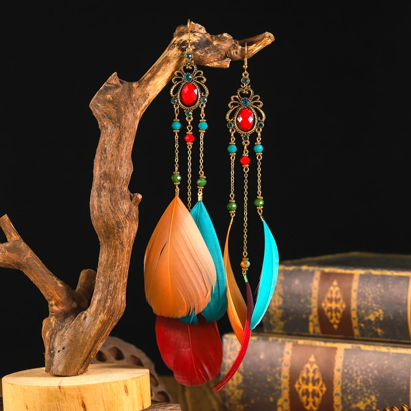 Neue Böhmische Kristall Kupfer Kette Feder Lange Tropfen Ohrringe für Frauen Retro Gypsy Ethnische Temperament Gold Farbe Schmuck Geschenk – Detail 4