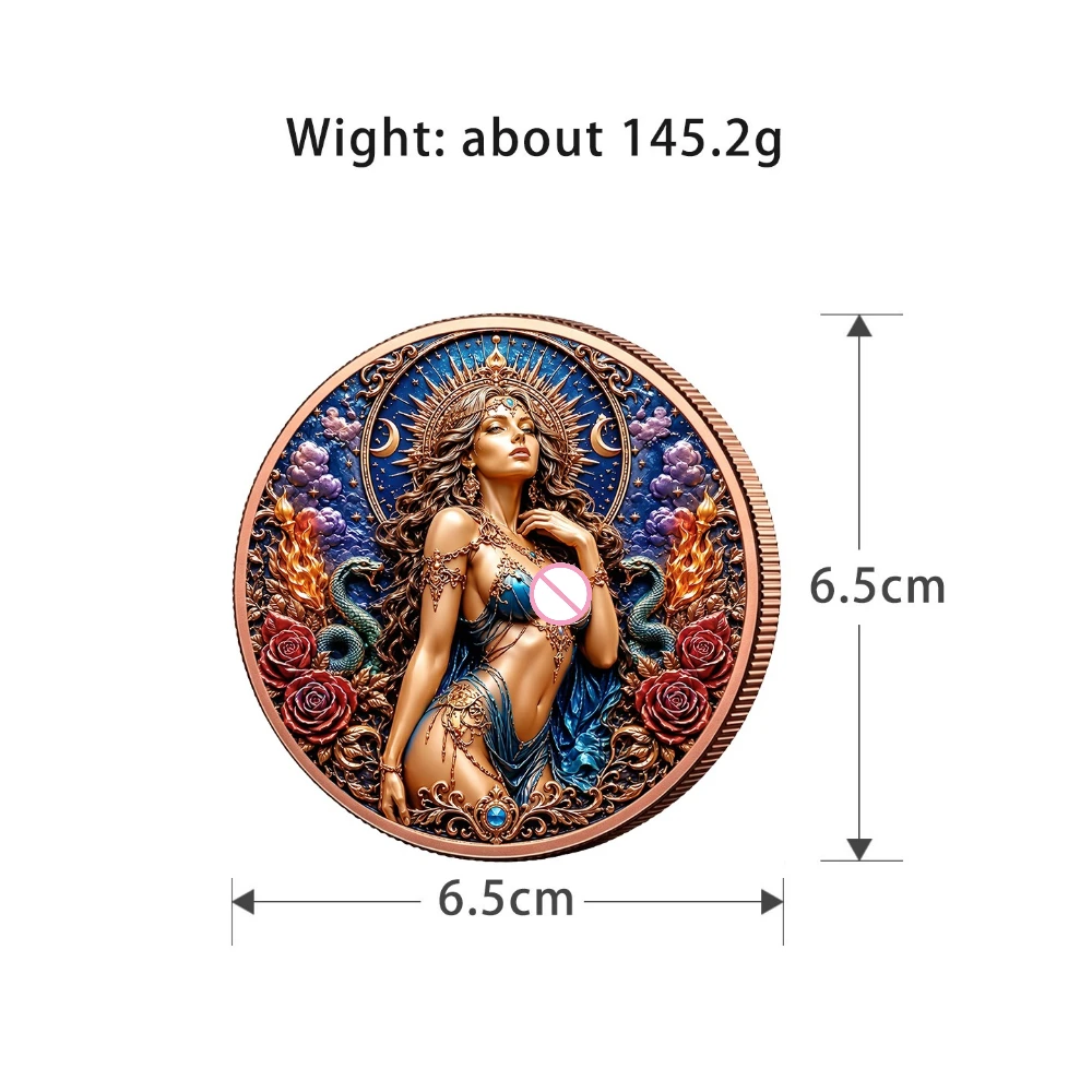 Lunar Serpent Goddess Copper Round Coin Moon Crescent Snake Rose Floral Celestial Lady Medal For Fantasy Myth Coin Collectors
