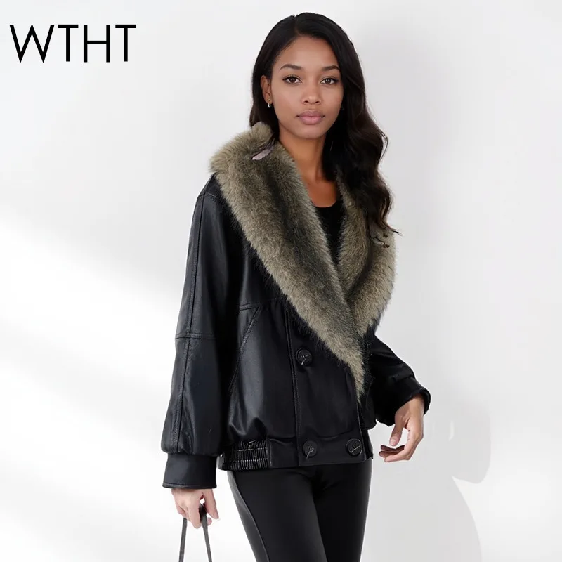 

WTHT Новая модная женская стеганая куртка из искусственной кожи со сращенным плюшевым искусственным мехом 2025, зимнее модное пальто с длинными рукавами и лацканами, женское 1LS2682