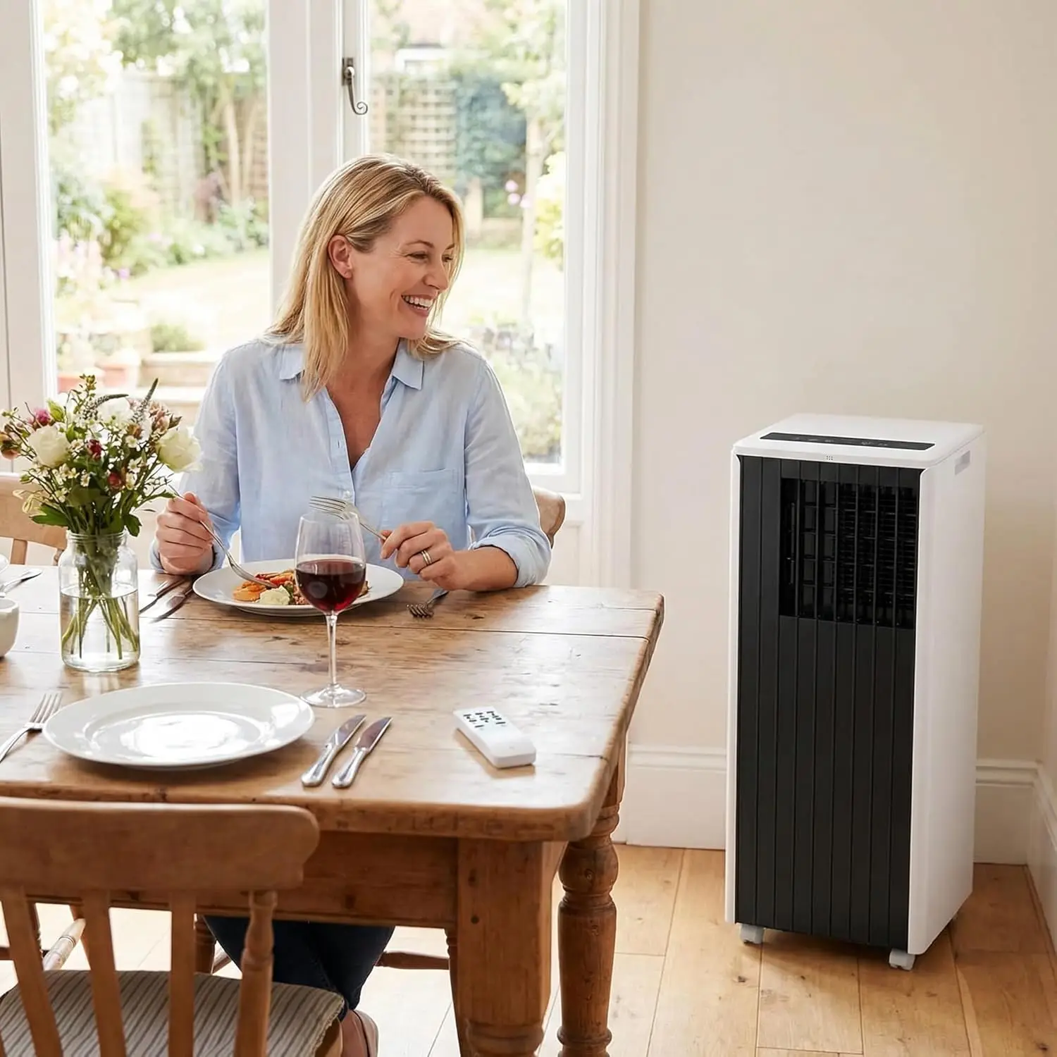 

Garvee Energy-Efficient 3-in-1 Low-Noise Portable Moveable Climate Control Balanced System: 8000 BTU Energy Efficient Cooling up to 300 Sq ft Fan Dehumidifier 24H Timer Window Kit Outside Platform Framework Component Tool Kit Air Conditioner