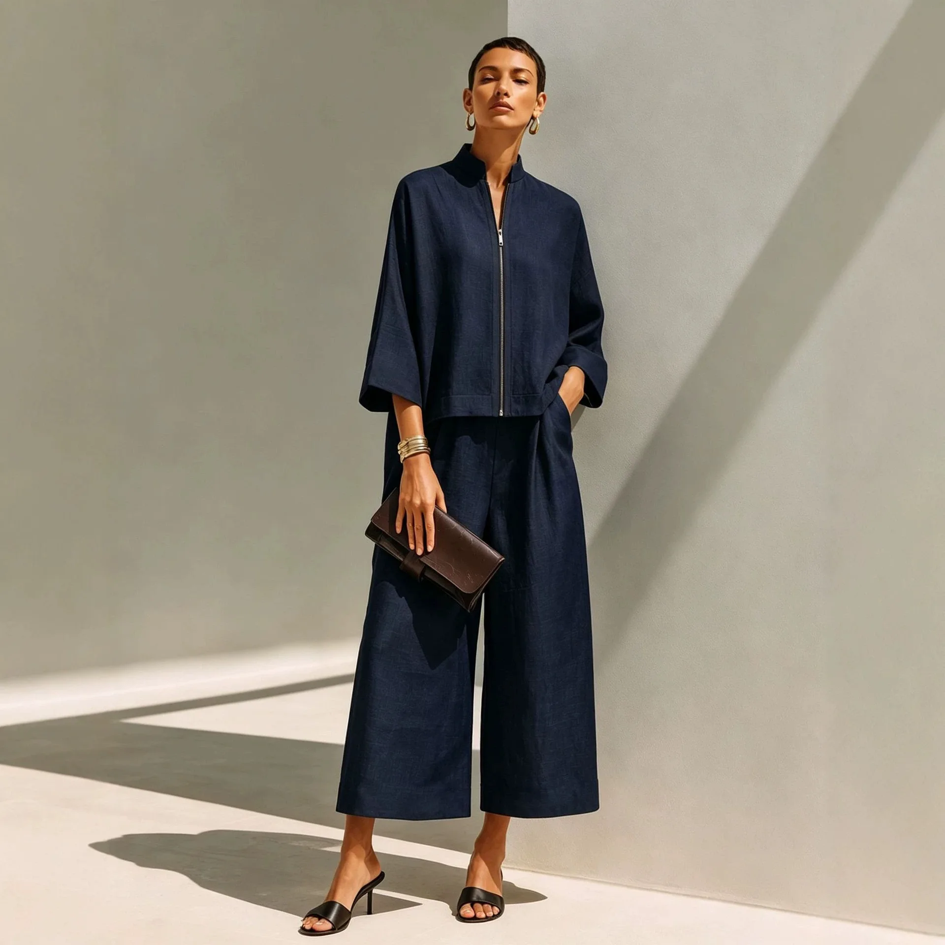 New Women Fashion Spring Autumn Linen Two Piece Set Stand Collar Zip 3/4 Sleeve Top Wide Leg Pants Casual Solid Matching Outfit view 4