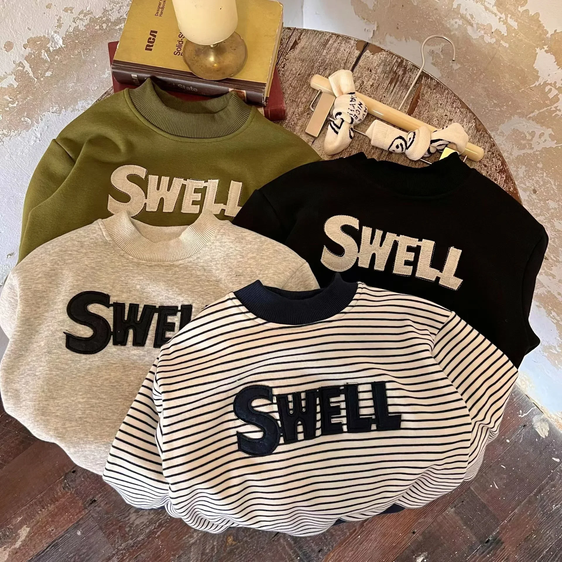 

Children's Letter Sweater Fleece-Lined Thickened Winter Children's Striped Bottoming Shirt Baby Clothes Top Women's Western