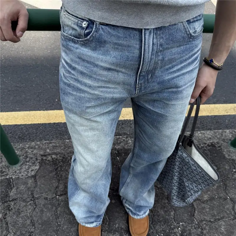 

New 2025 Loose A-Line Waed Blue Straight Leg CleanFit Jeans Men's Casual Long Trousers mid Waist Zipper Closure Spor