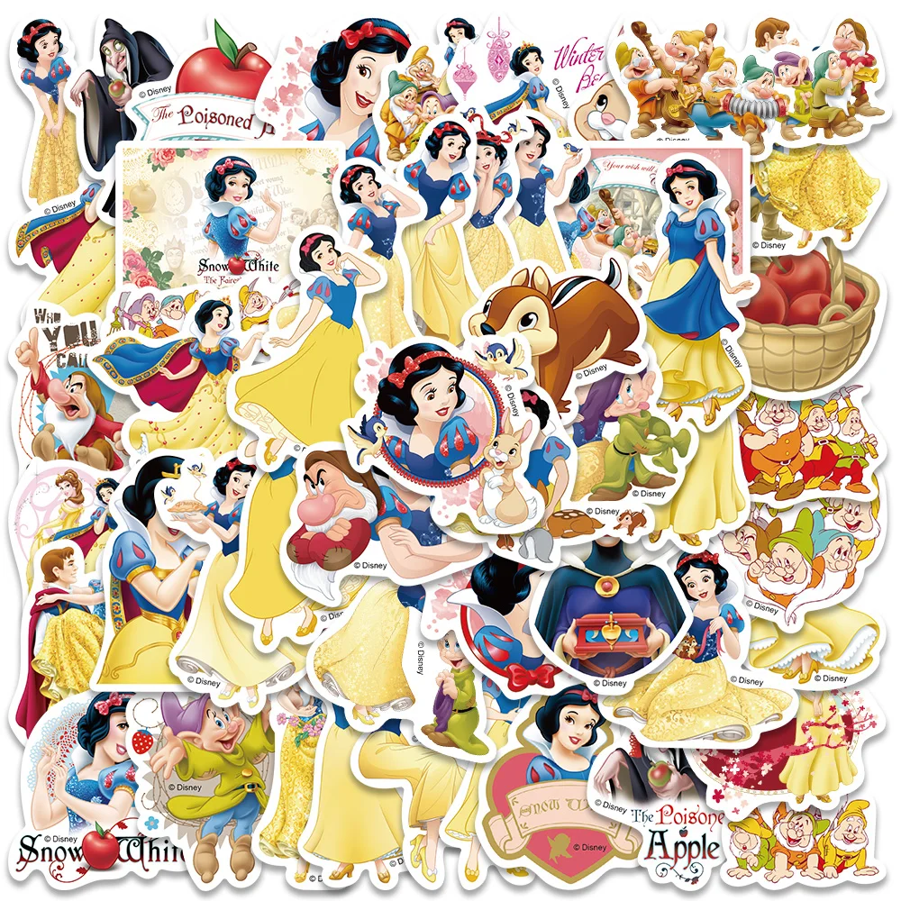 Pegatinas de dibujos animados de Disney, calcomanías de Blancanieves para portátil, botella de agua, equipaje, cuaderno, vinilo impermeable, 50 piezas