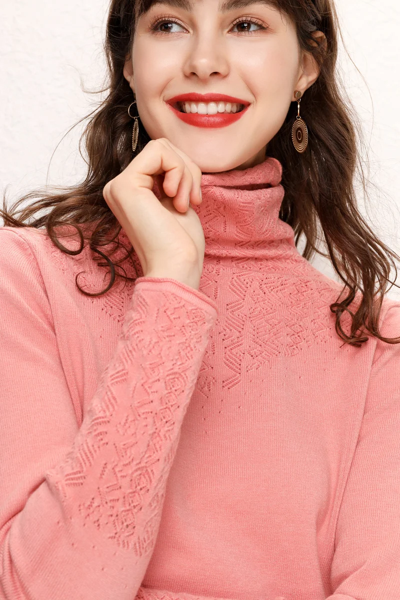 Women Merino Wool Sweater Pile Collar Pullover Cashmere Knitwear Solid Color Hollowed Jacquard Clothing Basic Spring Autumn Tops