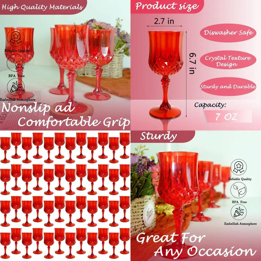 

Vintage-Inspired Plastic Wine Glasses, Set of 48 Red for Weddings and Holiday Parties