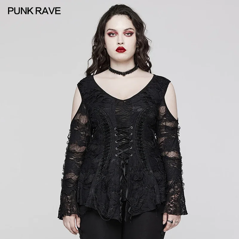 

PUNK RAVE Women's Gothic Lace Puff Sleeves Sexy T-Shirt Large V-neck Texture Pleat Symmetrical Hem Dark Tops Autumn/winter