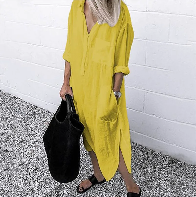 Bawełniana lniana sukienka Maxi dla kobiet 2023 Wiosna Lato Casualowa koszula z długim rękawem Sukienka Oversize Odzież damska Y2K Vestido Robe