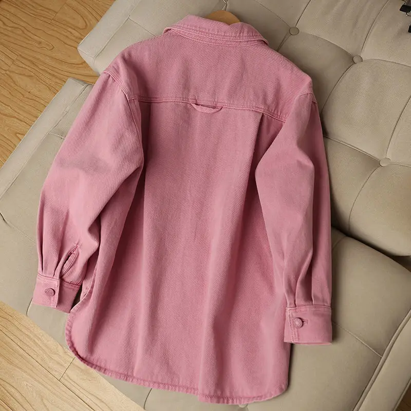 New Women Pink Jeans Jacket Oversized Korean Style Single Breasted Chic Denim Coats Spring Autumn Cowboy Jackets Outwear